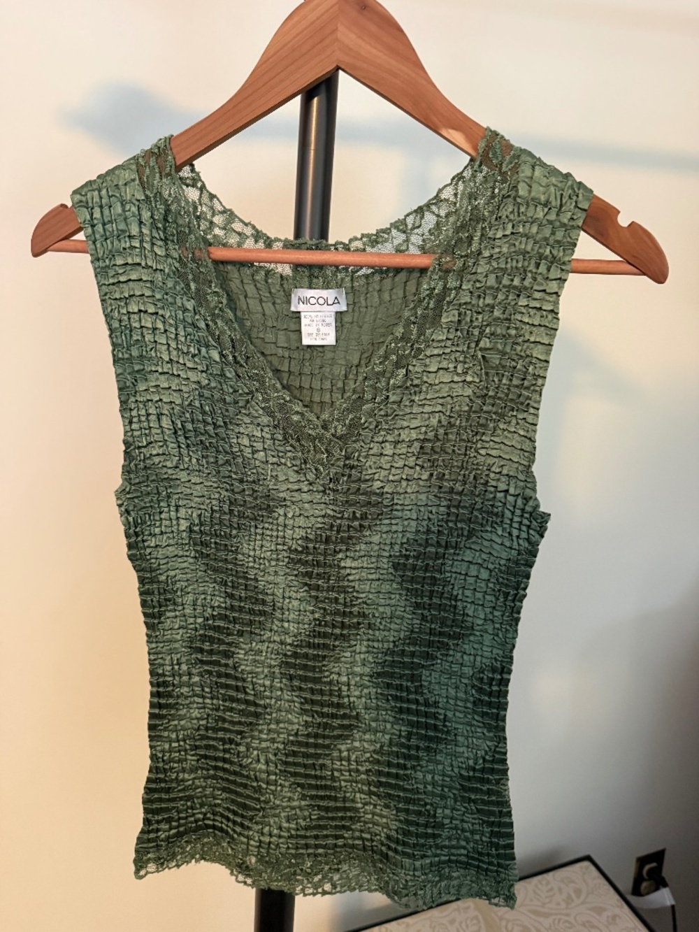 Vintage Nicola Green Plisse Ruched Sleeveless Blouse Size S